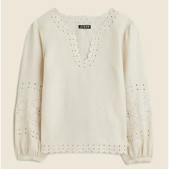 J.Crew Bungalow Embroidered Top Linen Natural Beige Boho Relaxed Small NWT - Picture 1 of 11